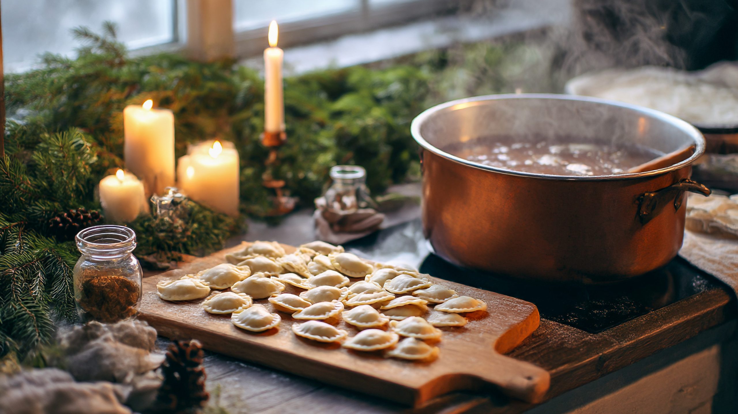 Świąteczne pierogi przygotowywane w kuchni – garnek z gotującą się wodą i pierogi na drewnianej desce, nawiązanie do tematu świątecznego menu i zużycia wody.