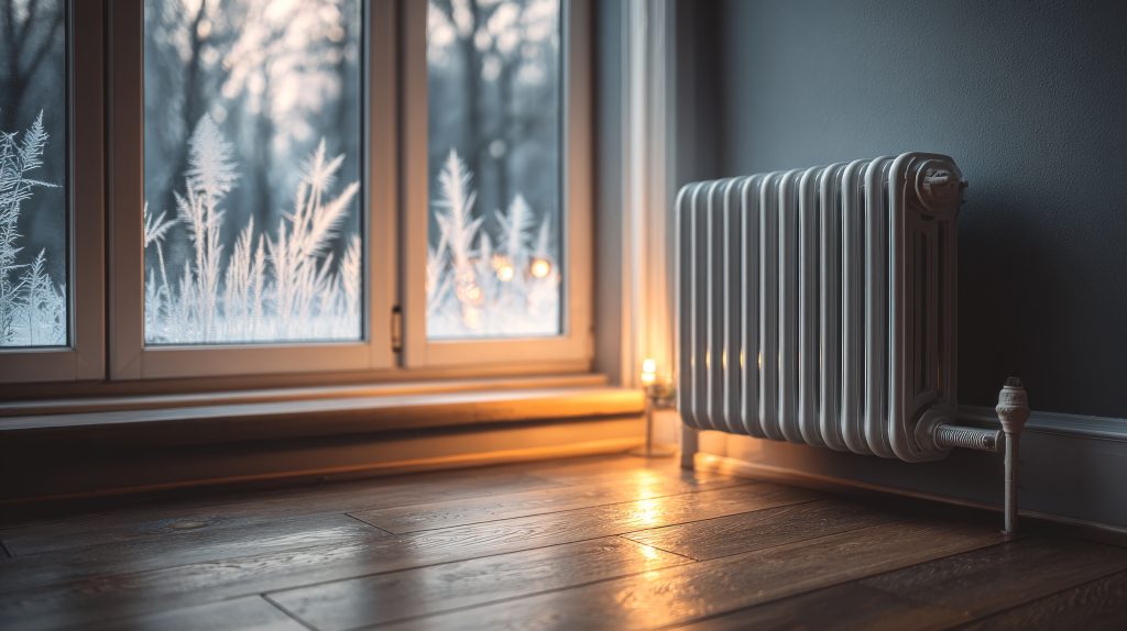 Grzejnik w domu zimą przy oknie pokrytym szronem – zużycie wody i straty w sezonie grzewczym