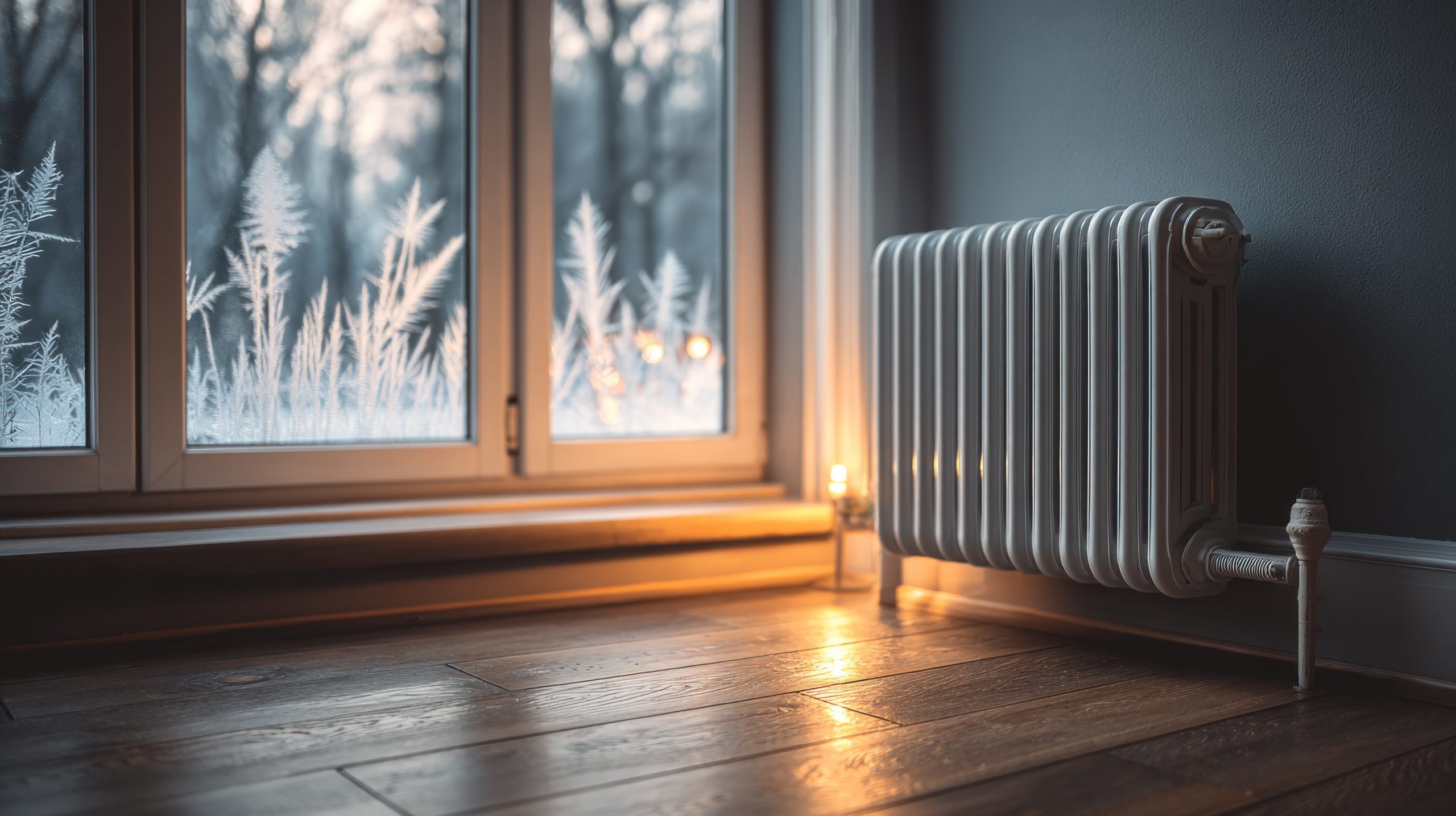 Grzejnik w domu zimą przy oknie pokrytym szronem – zużycie wody i straty w sezonie grzewczym